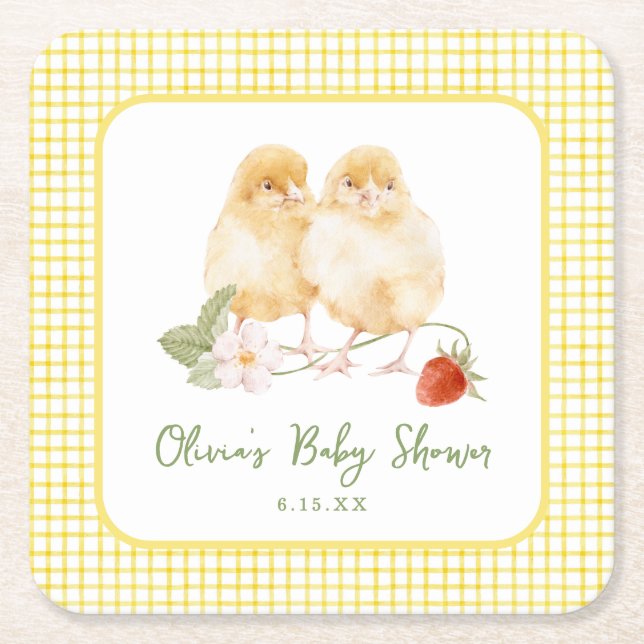 Sweet Watercolor Strawberry Chicks Baby Shower Rechteckiger Pappuntersetzer (Vorderseite)