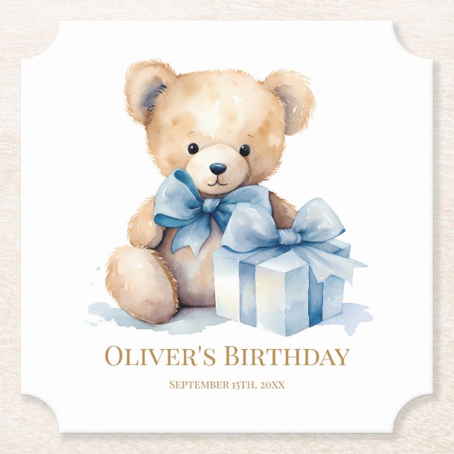 Sweet Watercolor Teddy Bear First Birthday Untersetzer (Vorderseite)