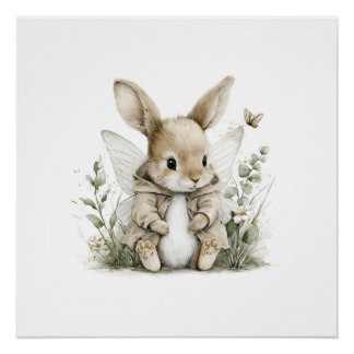 Sweet watercolour fairy bunny illustration poster