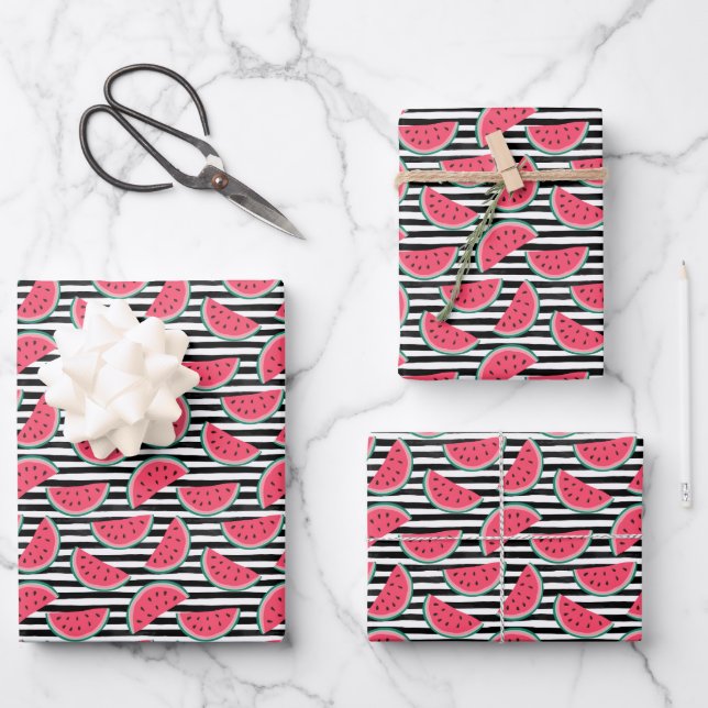 Sweet Watermelon on Stripes Black & White Muster Geschenkpapier Set (Vorderseite)