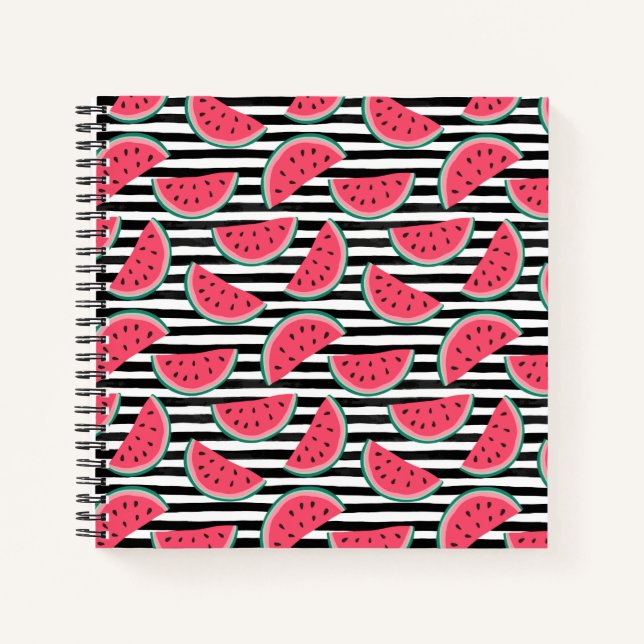 Sweet Watermelon on Stripes Black & White Muster Notizbuch (Vorderseite)