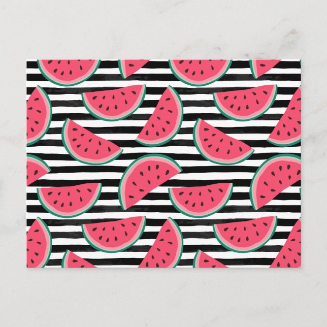 Sweet Watermelon on Stripes Black & White Muster Postkarte (Vorderseite)