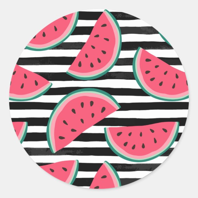 Sweet Watermelon on Stripes Black & White Muster Runder Aufkleber (Vorderseite)