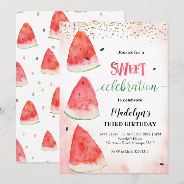 Sweet Watermelon Sommer Geburtstag Einladung (Vorne/Hinten)