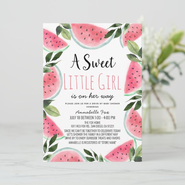 Sweet Watermelon Watercolor Drive by Baby Shower Einladung (Stehend Vorderseite)