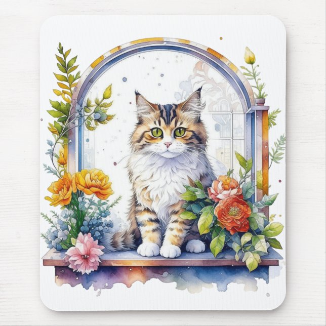 Sweet Whimsical Cat in Window of Blume Mousepad (Vorne)