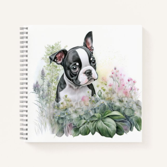 Sweet Whimsical Floral Boston Terrier Puppy Notizbuch (Vorderseite)