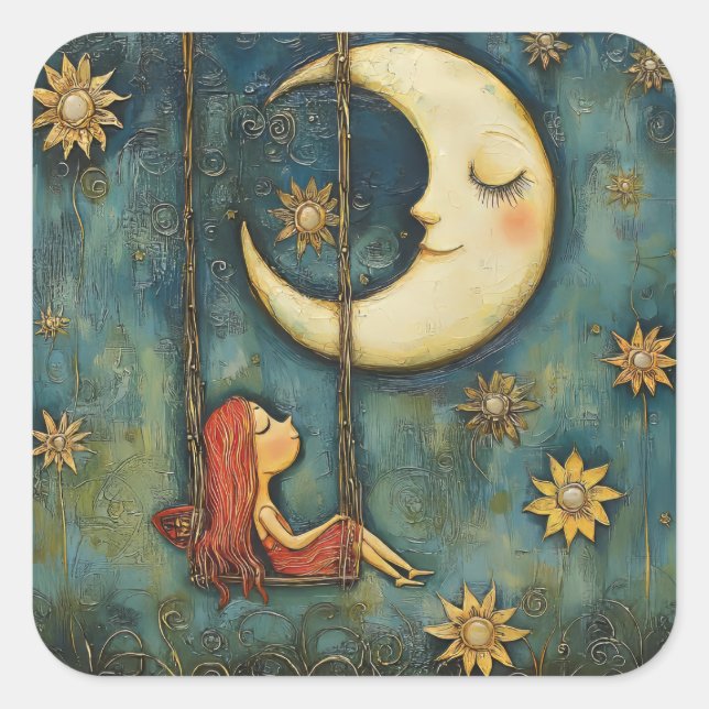 Sweet Whimsical Girl on a Swing and Celestial Moon Quadratischer Aufkleber (Vorderseite)