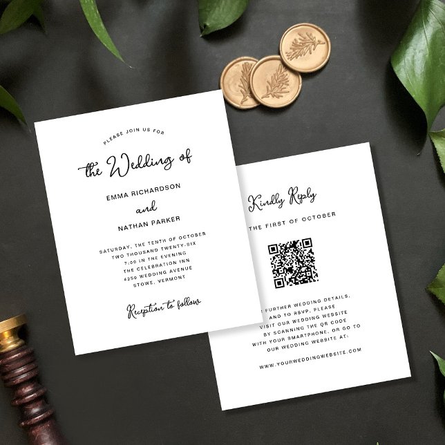 Sweet Whimsical | QR Code UAWG Budget Wedding (An elegant, black and white budget wedding invitation with scannable QR code to rsvp)