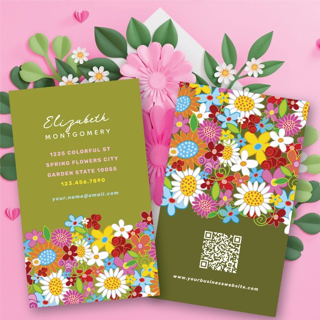 Sweet Whimsical Spring Blumen Farbiger Garten Visitenkarte (Sweet & Chic Whimsical Spring Flowers Colorful Garden Business / Profile Card @ fat_fa_tin)