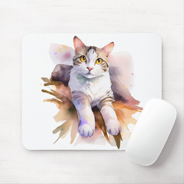 Sweet White Cat Watercolor Illustration Mousepad (Mit Mouse)