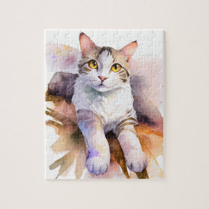 Sweet White Cat Watercolor Illustration Puzzle