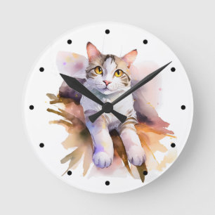 Sweet White Cat Watercolor Illustration Runde Wanduhr