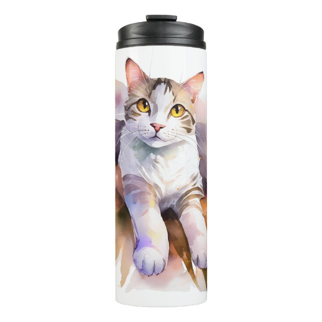 Sweet White Cat Watercolor Illustration Thermosbecher (Vorderseite)