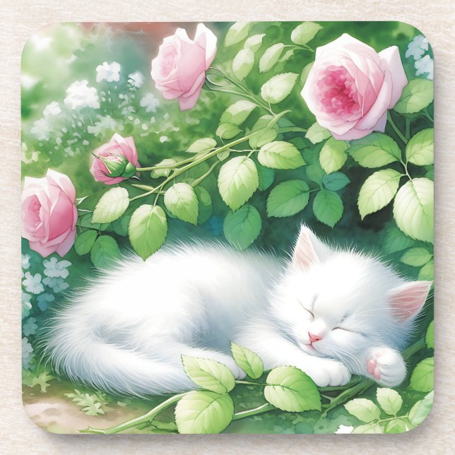 Sweet White Kitten Napping unter der Rose Bush Getränkeuntersetzer (Vorderseite)