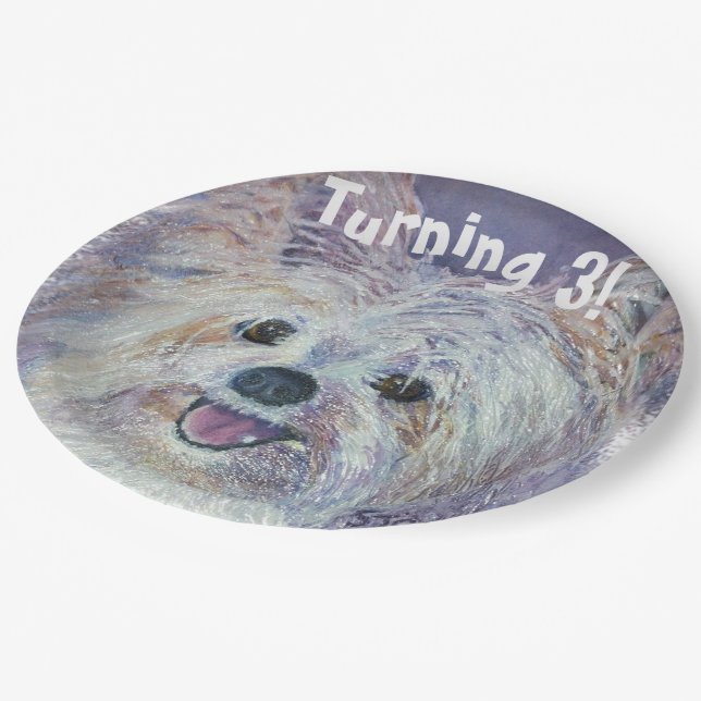 Sweet White Yorkie Turning 3 PARTY Pappteller (Schrägansicht)