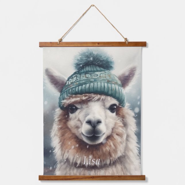Sweet Winter Alpaca, Brauch Wandteppich Mit Holzrahmen (Vorderseite)
