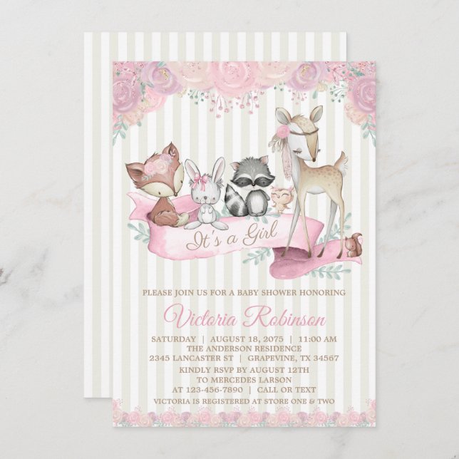 Sweet Woodland Animal Girl Baby Dusche Einladung (Vorne/Hinten)