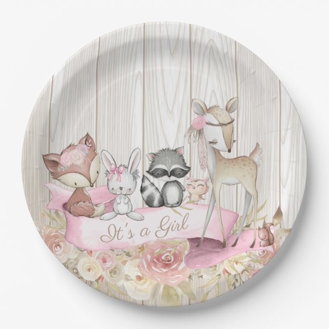Sweet Woodland Animal Girl Baby Dusche Pappteller (Vorderseite)