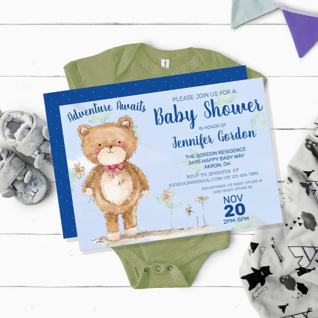 Sweet Woodland Bear Blue Boy Baby Dusche Einladung (Von Creator hochgeladen)