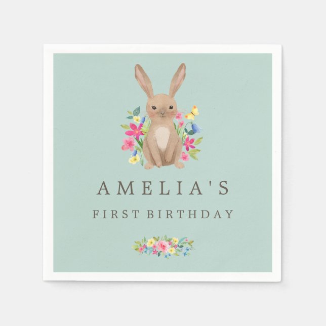 Sweet Woodland Bunny Erster Geburtstag Napkin Serviette (Vorderseite)