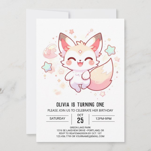 Sweet Woodland Fox 1. Geburtstag Einladung (Vorderseite)