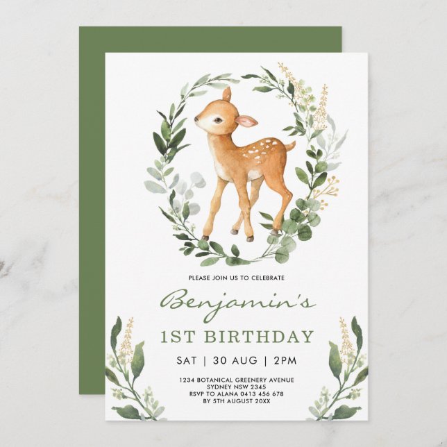 Sweet Woodland Grünwald Baby Deer Birthday Einladung (Vorne/Hinten)