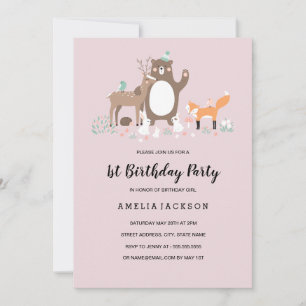 Sweet Woodland Pink Minze Erster Geburtstag Einladung