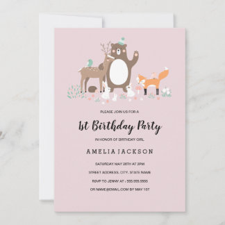 Sweet Woodland Pink Minze Erster Geburtstag Einladung