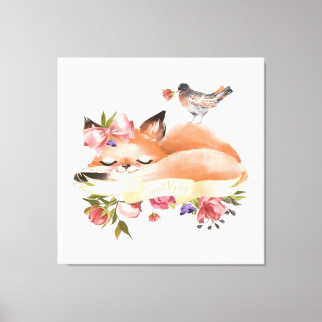 Sweet Woodlands Baby Fox Floral Leinwanddruck (Vorderseite)