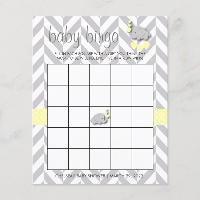 Sweet Yellow and Gray Elephant Baby Shower Bingo (Vorderseite)