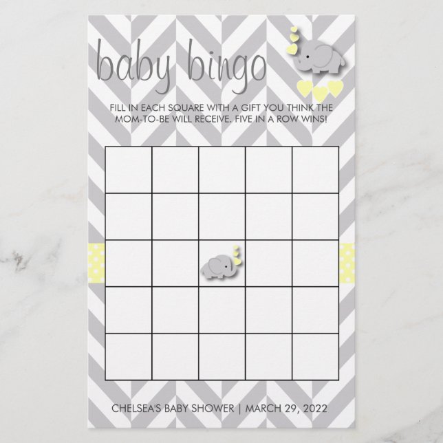 Sweet Yellow and Gray Elephant Baby Shower Bingo Flyer (Vorne)