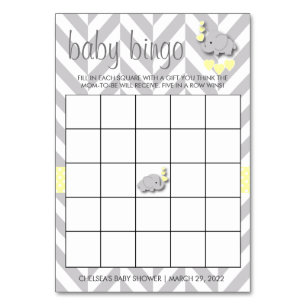Sweet Yellow and Gray Elephant Baby Shower Bingo Tischnummer