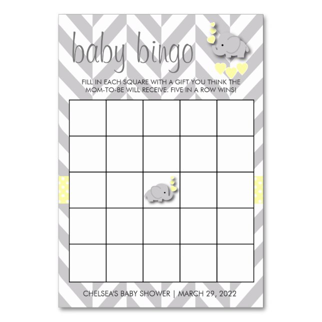 Sweet Yellow and Gray Elephant Baby Shower Bingo Tischnummer (Vorderseite)