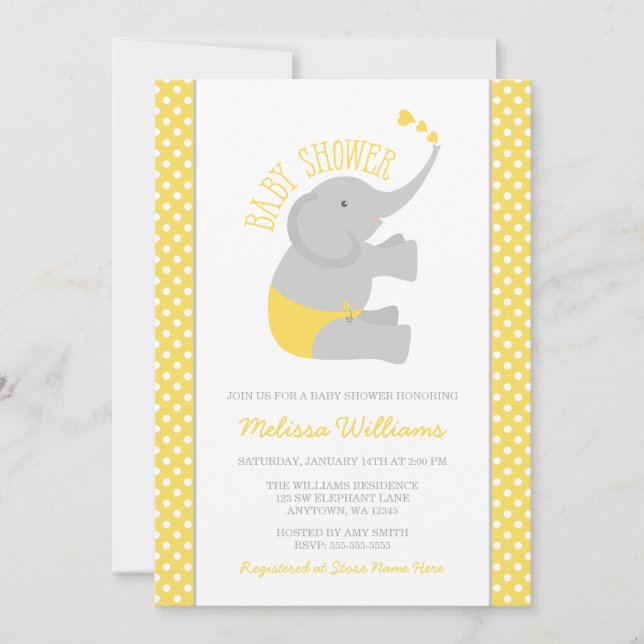 Sweet Yellow Elephant Babydusche Einladungen (Vorderseite)