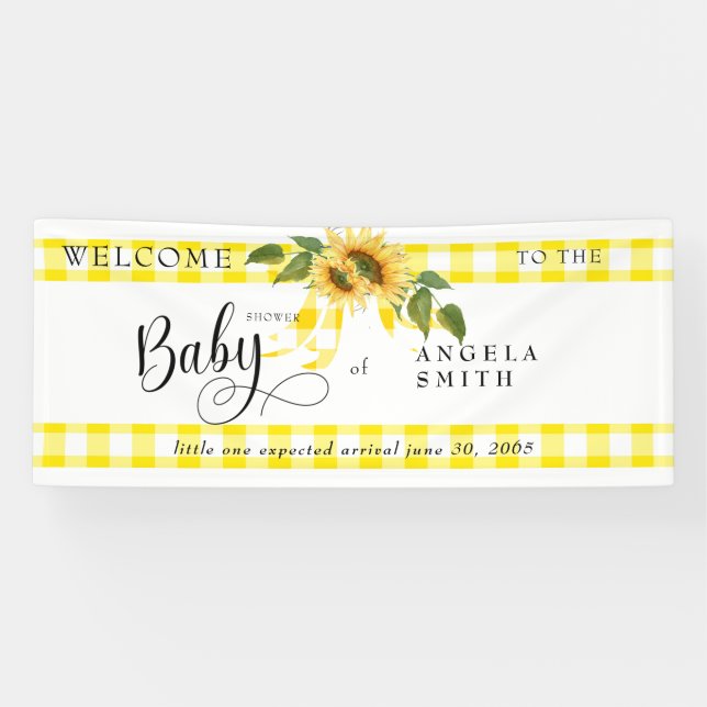 Sweet Yellow Gingham Sunflower Baby Dusche Willkom Banner (Horizontal)