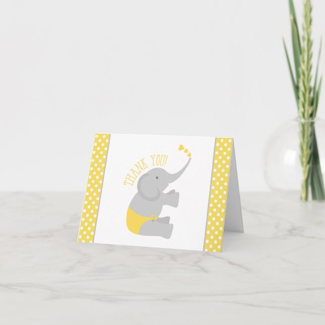 Sweet Yellow Grey Elephant Baby Dusche Vielen Dank Dankeskarte (Vorderseite)