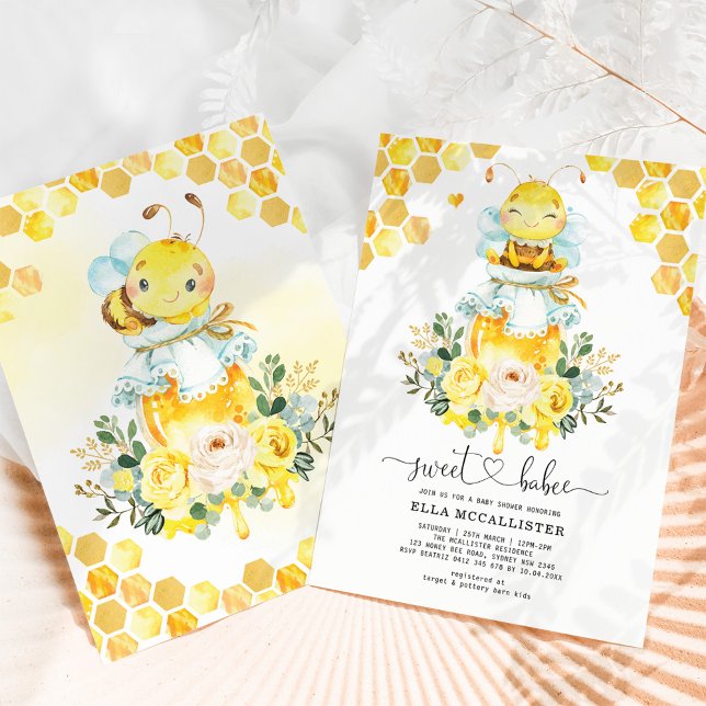Sweet Yellow Honey Bee Floral Baby Dusche Einladung (Von Creator hochgeladen)