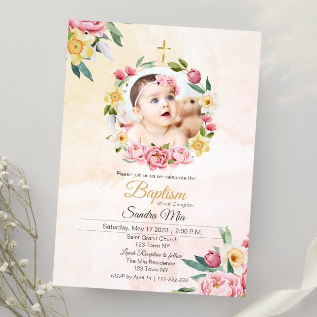 Sweet Yellow Pink Floral Taufen Einladung (Sweet Yellow-pink floral Baptism Invitation)