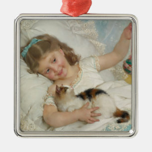 Sweet Young Girl Playing with your Pet Cat (Munier Ornament Aus Metall