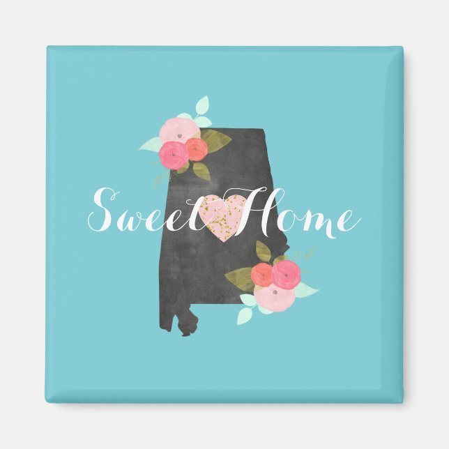 Sweet Zuhause Alabama Staat Aquarell Floral & Herz Magnet (Vorne)