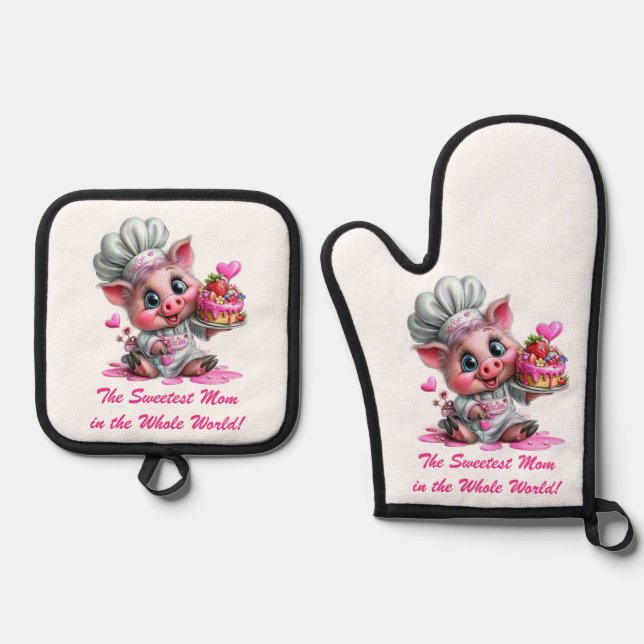 Sweetest Mom Pig Chef Oven Mitts & Pot Holder Set (Vorderseite)