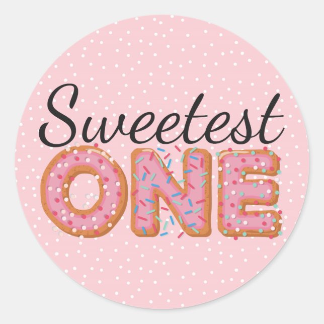 SWEETEST ONE Pink Iced Donuts Baby First Birthday Runder Aufkleber (Vorderseite)