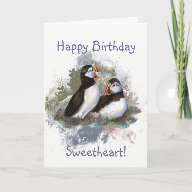 Sweetheart Birthday Watercolor Puffle Couple Karte (Vorderseite)
