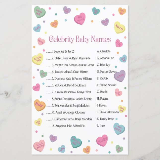 Sweetheart Candy Celebrity Names Baby Shower Game (Vorderseite)