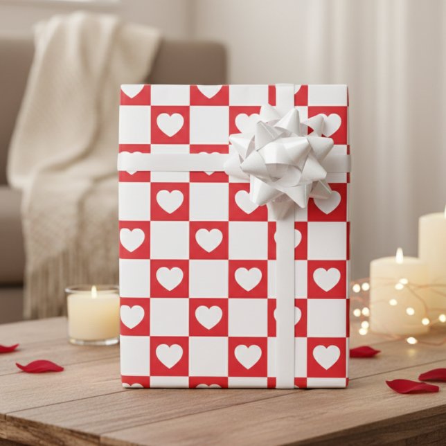 Sweetheart Red & White Checkerboard With Hearts Geschenkpapier (Sweetheart Red & White Checkerboard With Hearts Wrapping Paper)