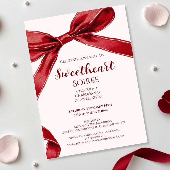 Sweetheart Soiree Elegant Bow Valentines Day Party Einladung (Von Creator hochgeladen)