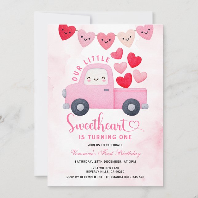 Sweetheart Valentine 1st Birthday Truck Balloon  Einladung (Vorderseite)