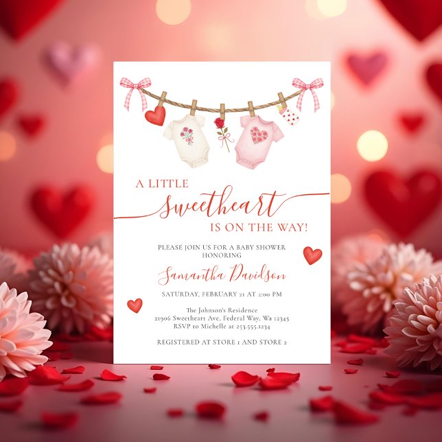 Sweetheart Valentine Clothesline Baby Shower Einladung (Sweetheart Valentine Clothesline Baby Shower Invitation)