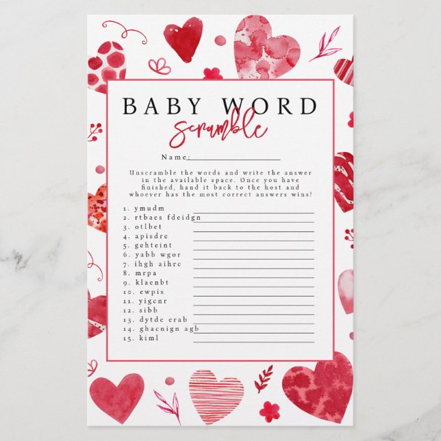 Sweetheart 'Word Scramble' Baby Showspiel (Vorderseite)